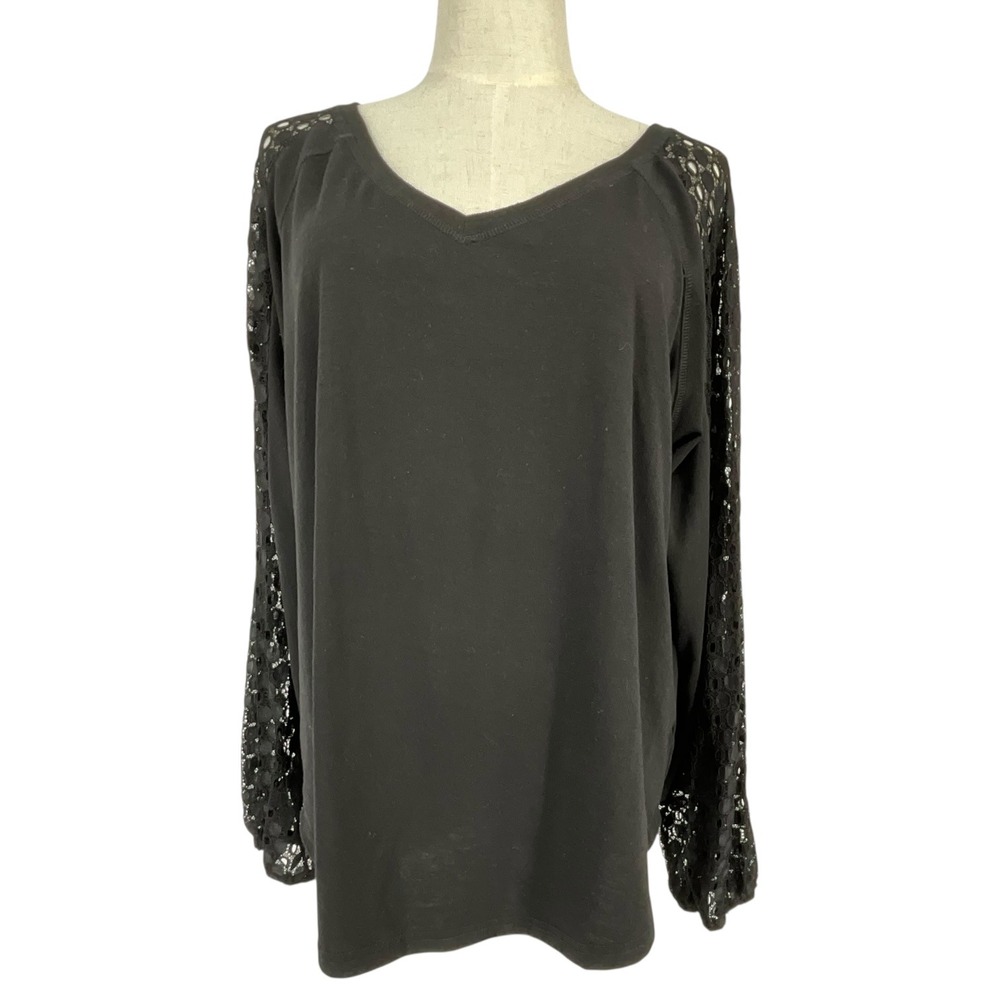 Beyove Womens Black V-Neck Top Long Lace Sleeve Rayon Blend Size‎ L whimsgoth